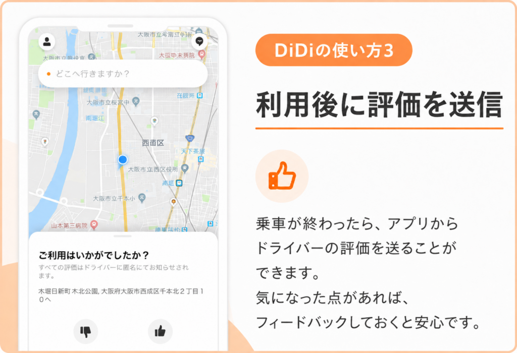 DiDiの使い方3
DiDiタクシーの乗車終了後に、アプリからドライバーの評価やフィードバックを送信する画面